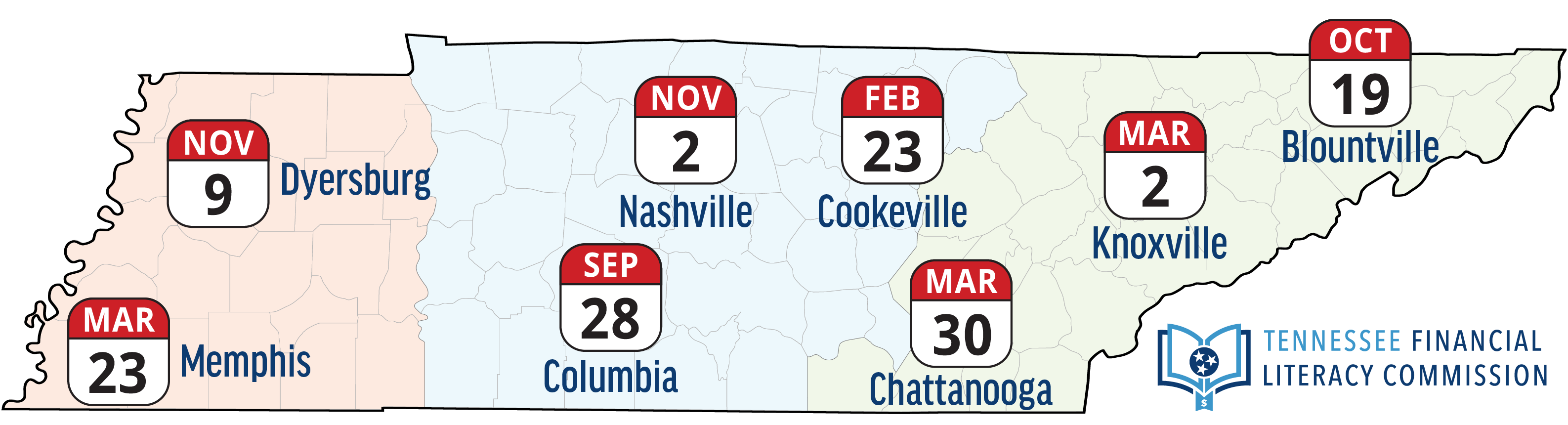 Map of Tennessee showing locations of 2019 educator summits